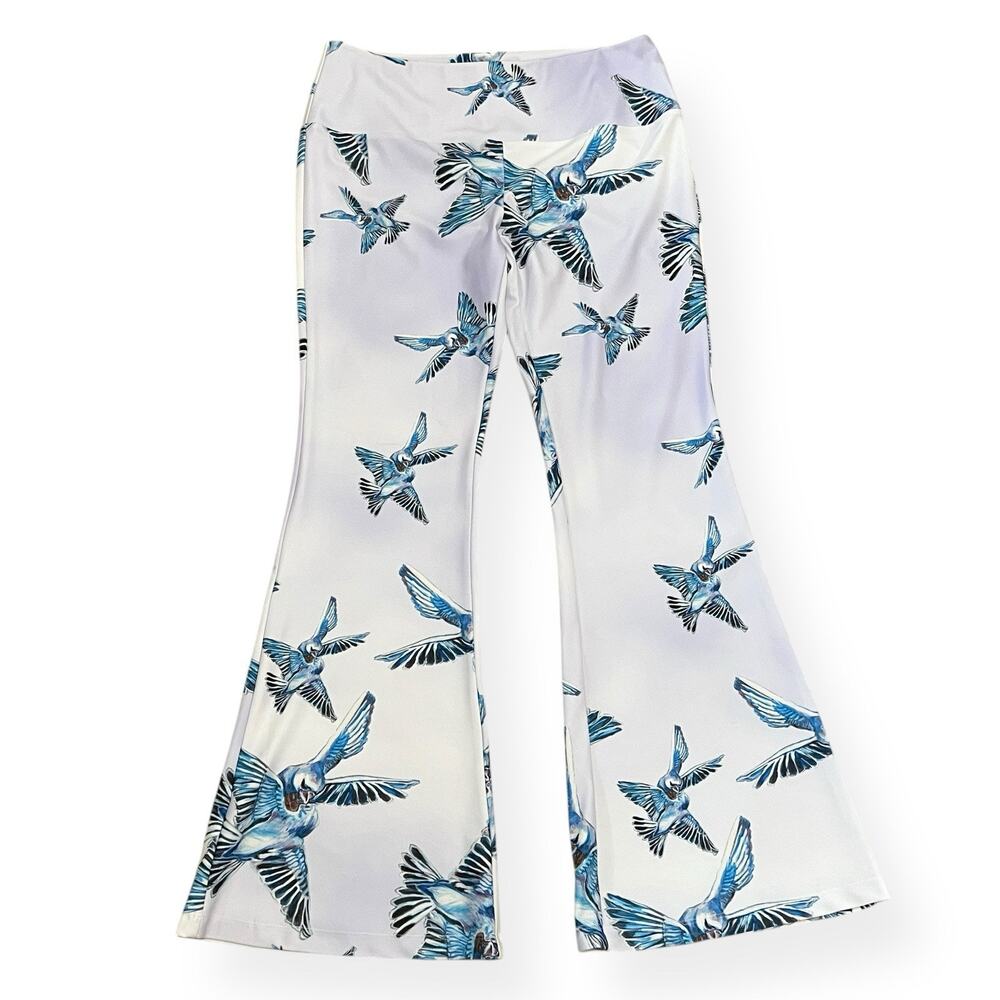 NWT Ala Von Auersperg Elaine Knit Flare Pants L Love Birds Print Resortwear Boho